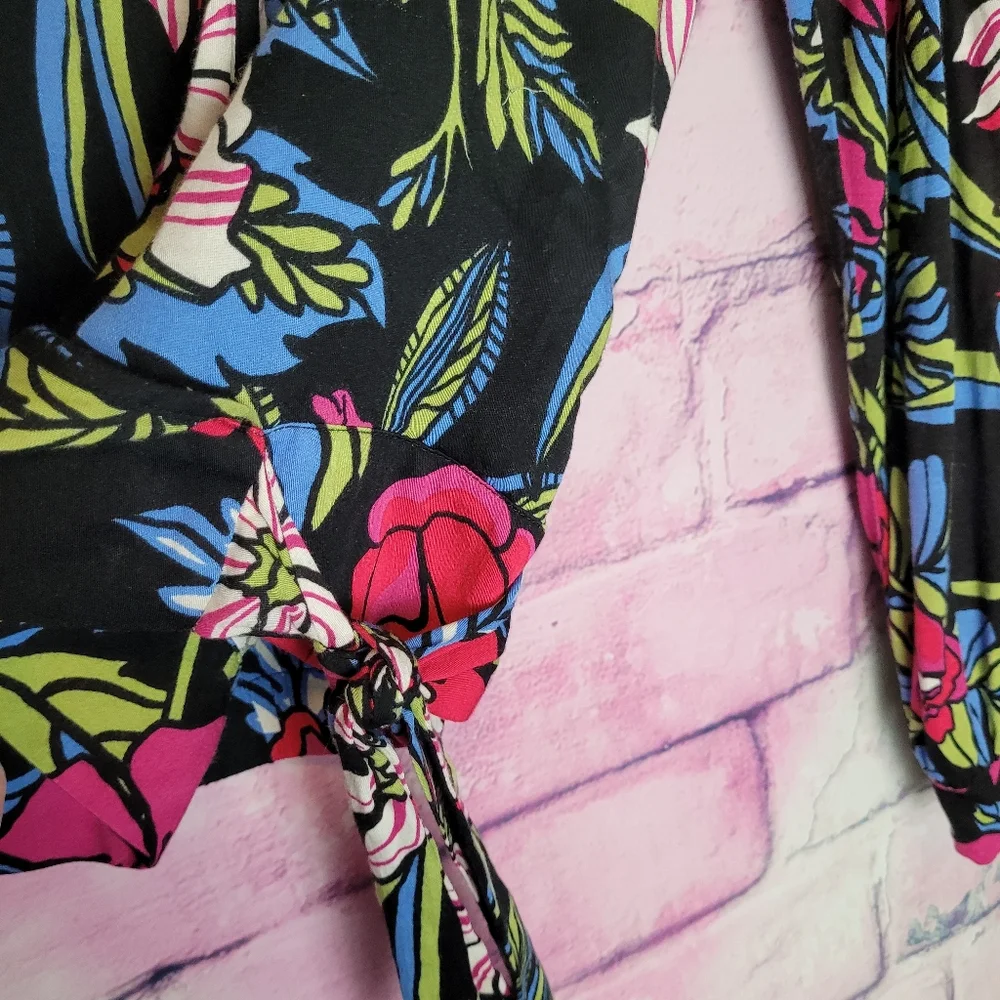 TINY FLORAL WRAP FRONT LONG SLEEVE BOHO TIE WAIST TOP LARGE - Picture 11 of 15